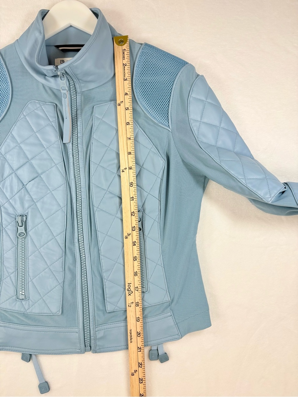 Blanc Noir Leather Quilted Moto Jacket Size Medium Light Blue Fog Mesh Biker - Picture 14 of 14